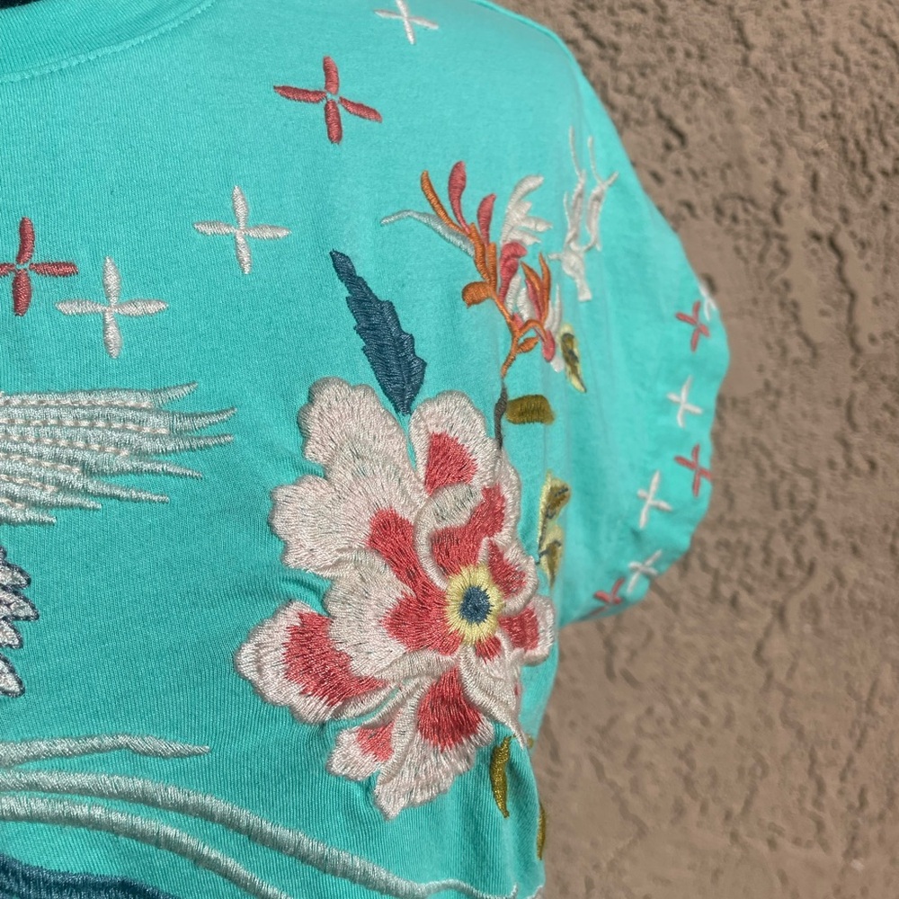 Johnny Was Turquoise Embroidered Short Sleeve Top - Picture 6 of 11